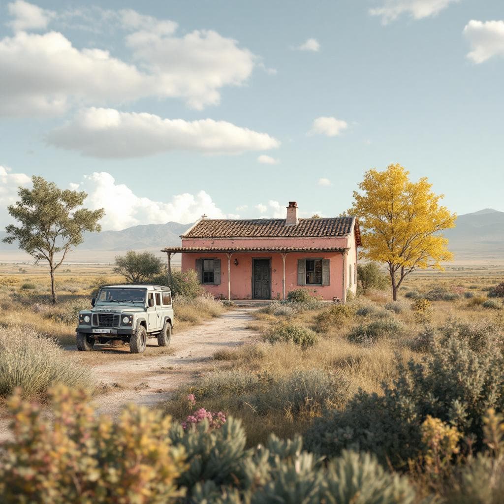 AI generated: realistic render, argentinian one floor colonian house, prairie landscape, lot of vegetations, sprin...