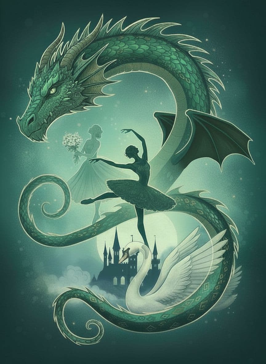 AI generated: save all of the image- style, ballerinas, castle, swan, moon, colors and everything, dragon tail not...