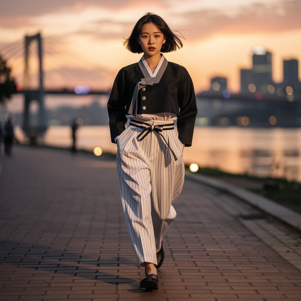 AI generated: ultra-realistic view photo of a Korean female model in 2026 Seoul Korea. Long shadows at the sunset ...