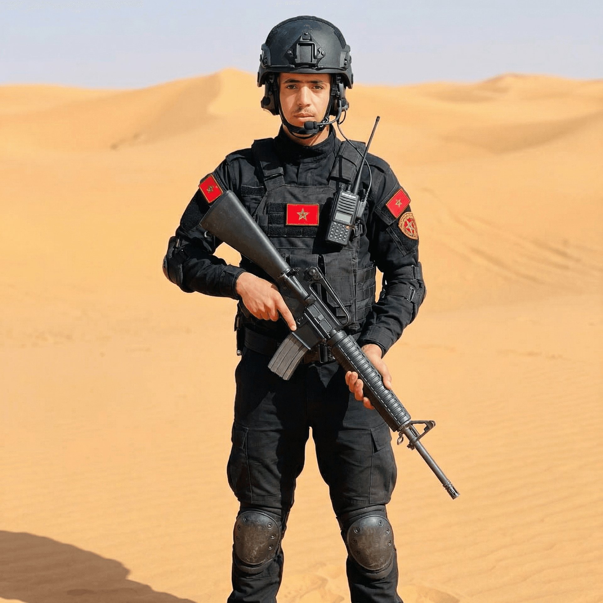 AI generated: Military uniform, Moroccan special forces, black uniform, M16 weapon, remote communication device, f...