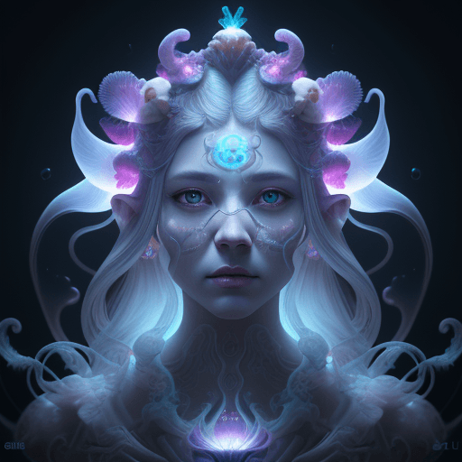 AI generated: Goddess close-up portrait ribcagel. jellyfish phoenix head, nautilus, orchid, skull, betta fish, bio...