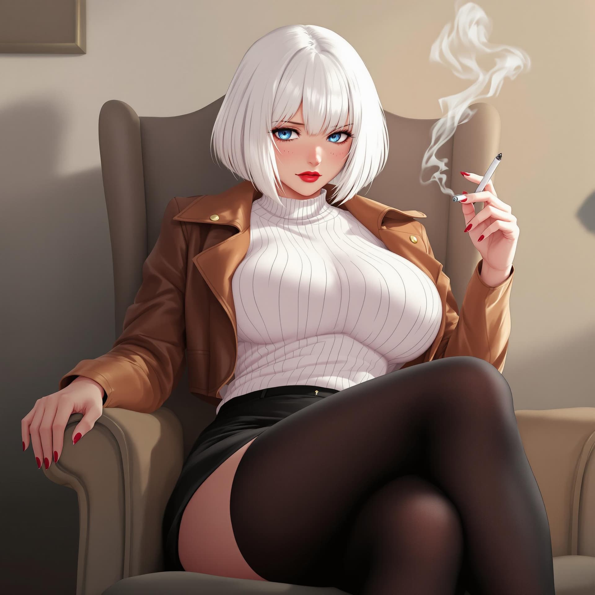 AI generated: anime, woman, white hair, bob cut, blue eyes, freckles, red lips, white sweater, tight sweater, shor...