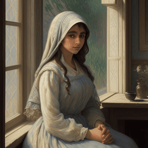 AI generated: a masterpiece oil painting of a beautiful woman hijub by a window, in the style of richly detailed g...