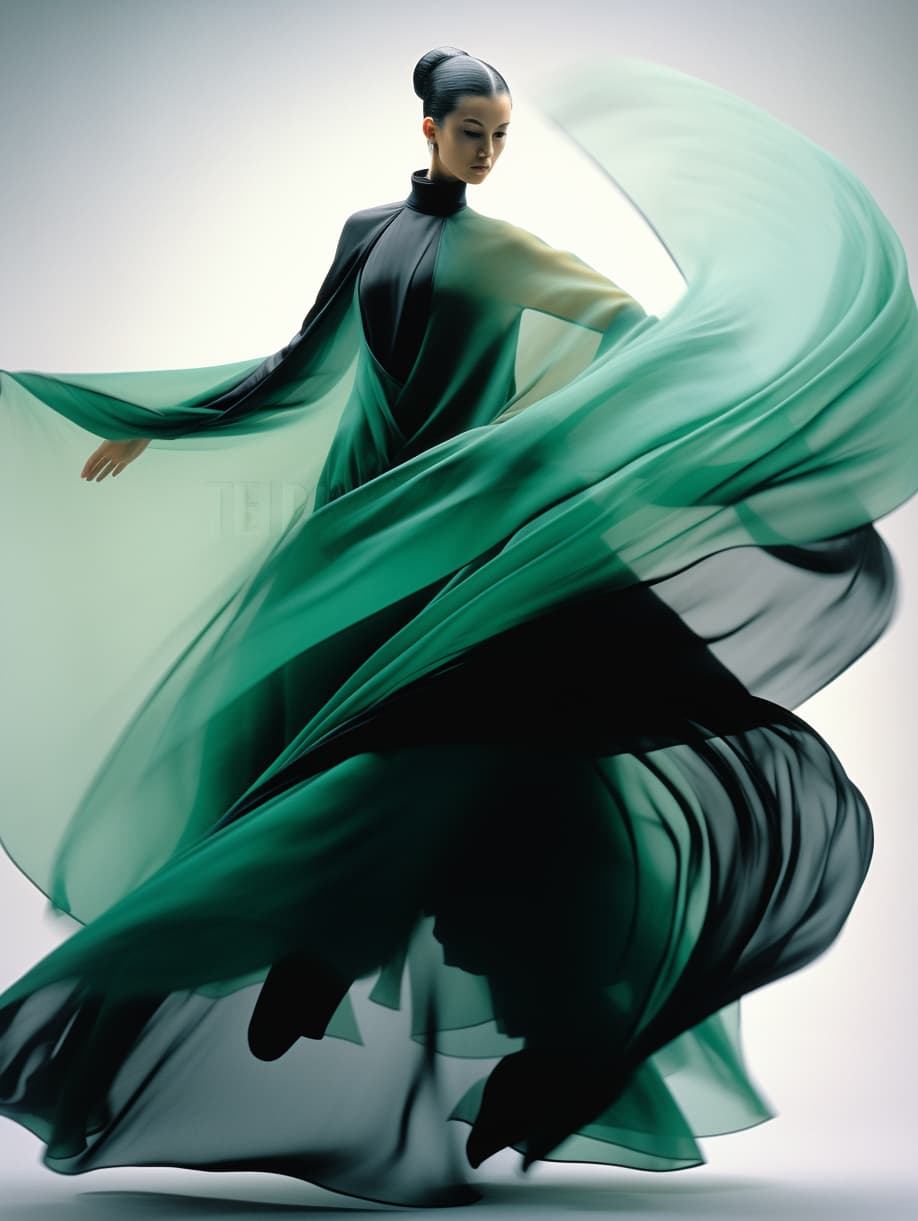 AI generated: issey miyake, green dress with a black parts, by Bert Stern, half-turned lady in evening gown, photo...
