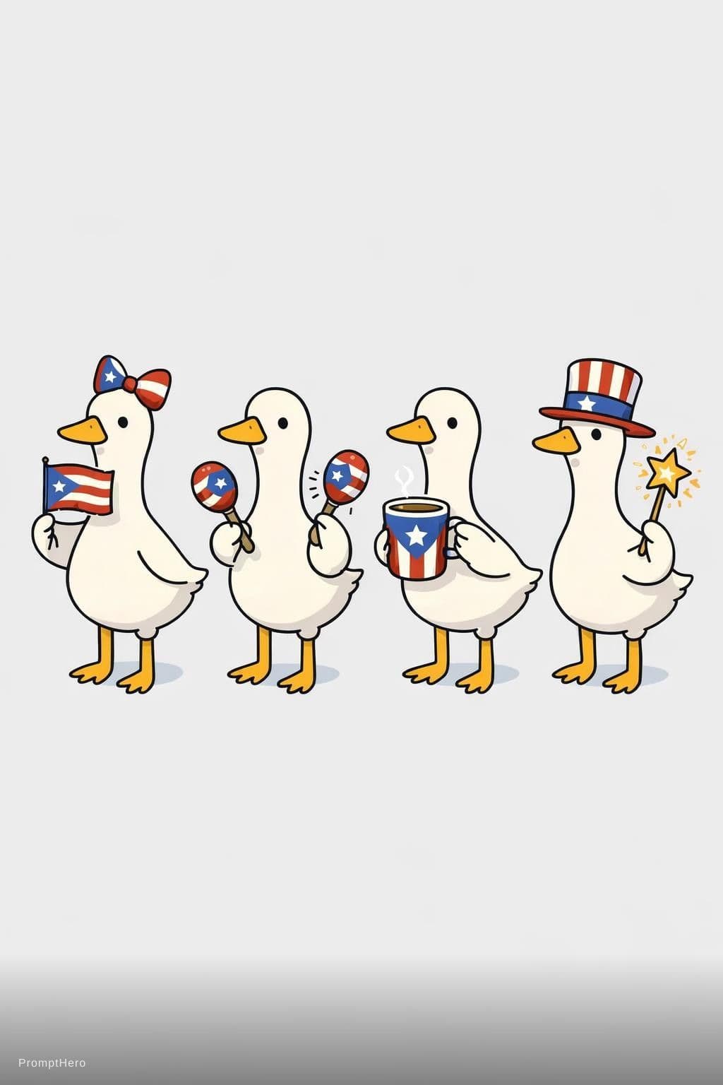 AI generated: cute cartoon geese lineup, four white geese standing side by side, simple kawaii illustration style,...