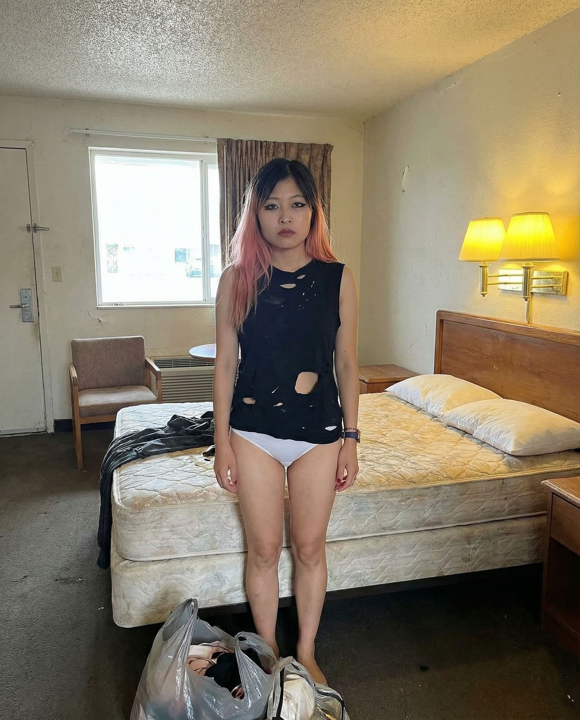 AI generated: In a very cheap looking motel room. Daytime, natural light and indoor lighting, One beautiful, black...