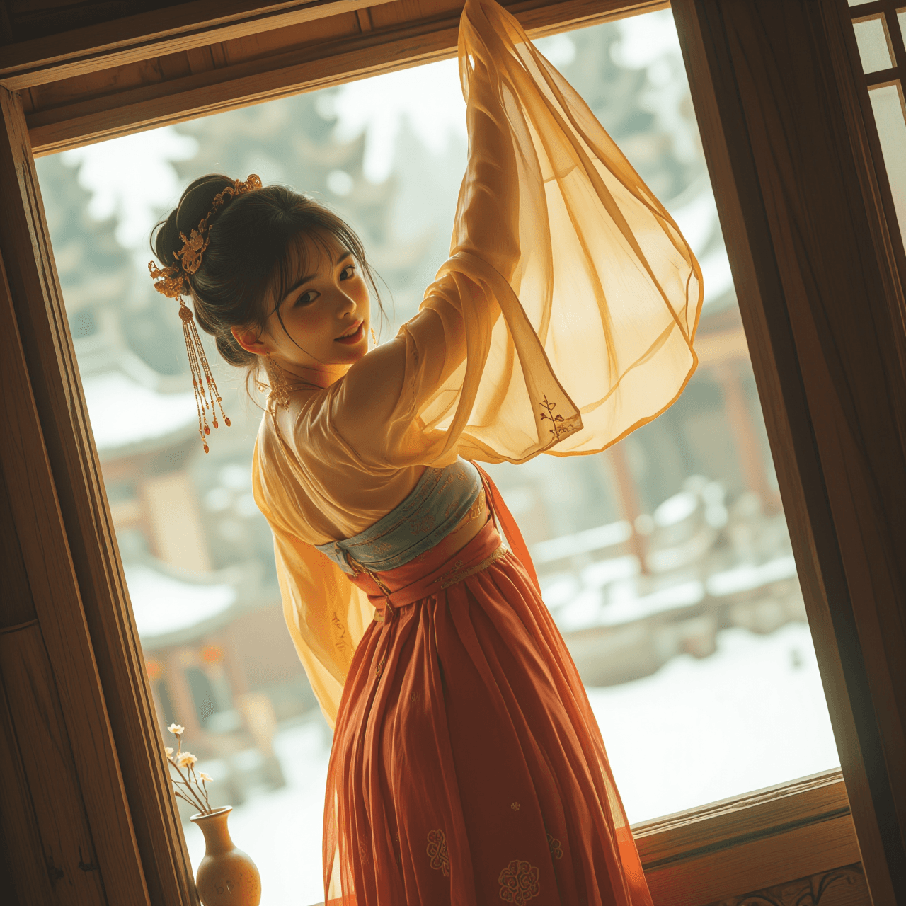 AI generated: A dynamic medium shot with a Dutch angle (tilted camera), looking slightly down at a beautiful young...