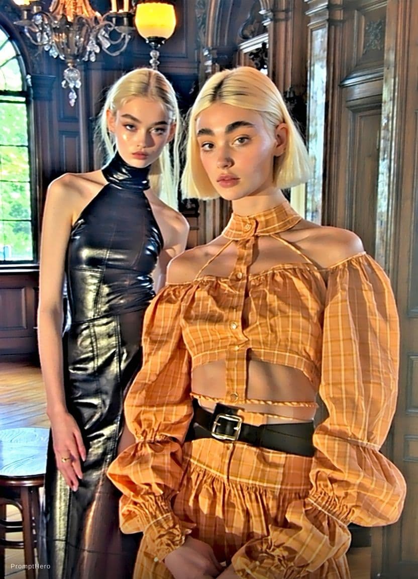 AI generated: A high-resolution 8K photograph shows two women in provocative, stylized attire, positioned against ...