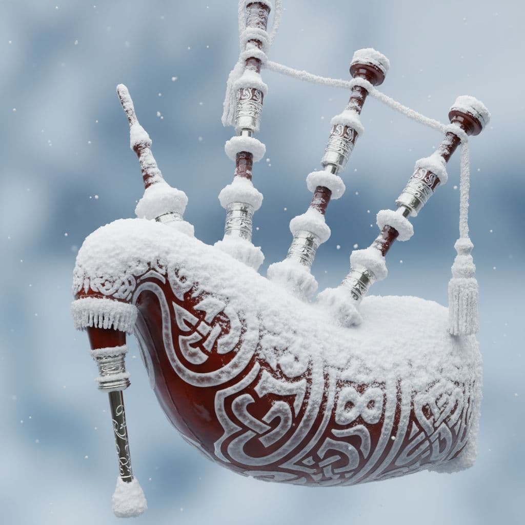 AI generated: 3D close-up of snow-covered bagpipes, beveled ornament detail, smooth glossy surface