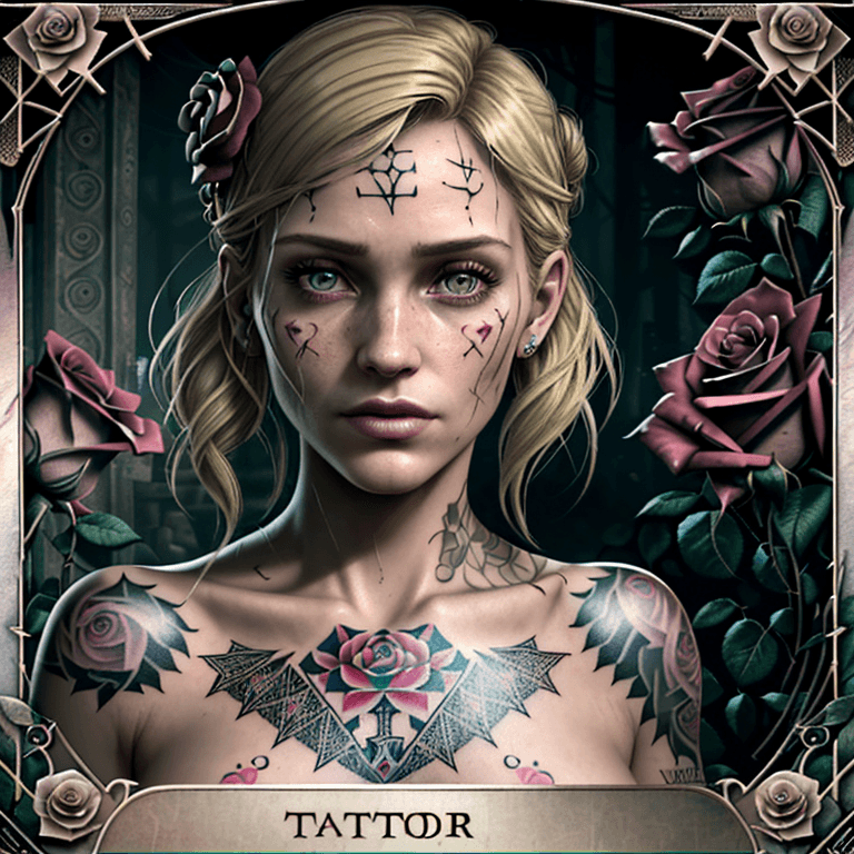 AI generated: Tarot card, Close up face shot of a beautiful woman looking at the camera, (((card title surrounded ...