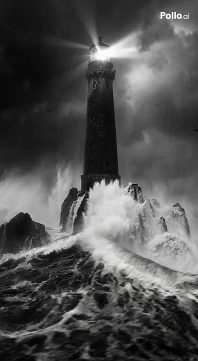 AI generated video: Black and white photorealistic video, massive storm waves violently crash into a lonely lighthouse o...