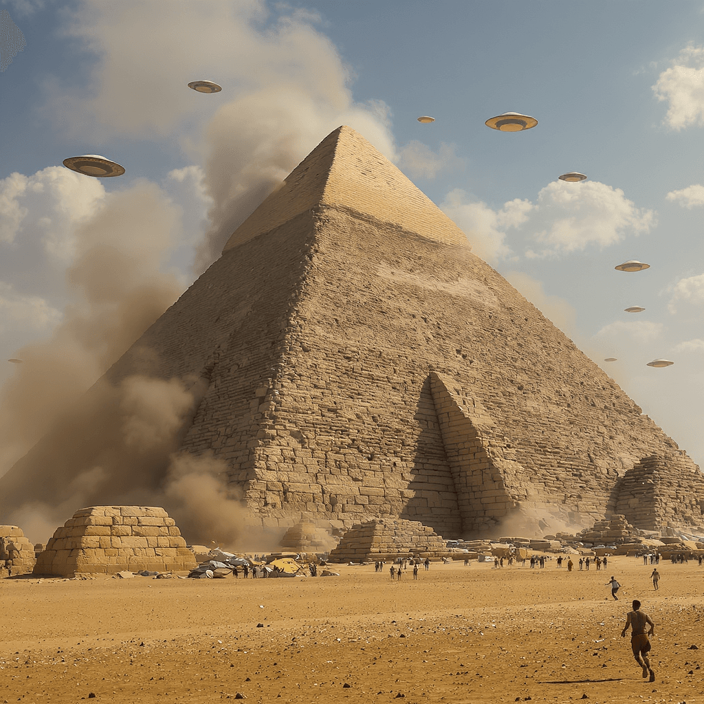 AI generated: The pyramid of Khufu is taking off in place. People flee in terror, and there were many flying sauce...