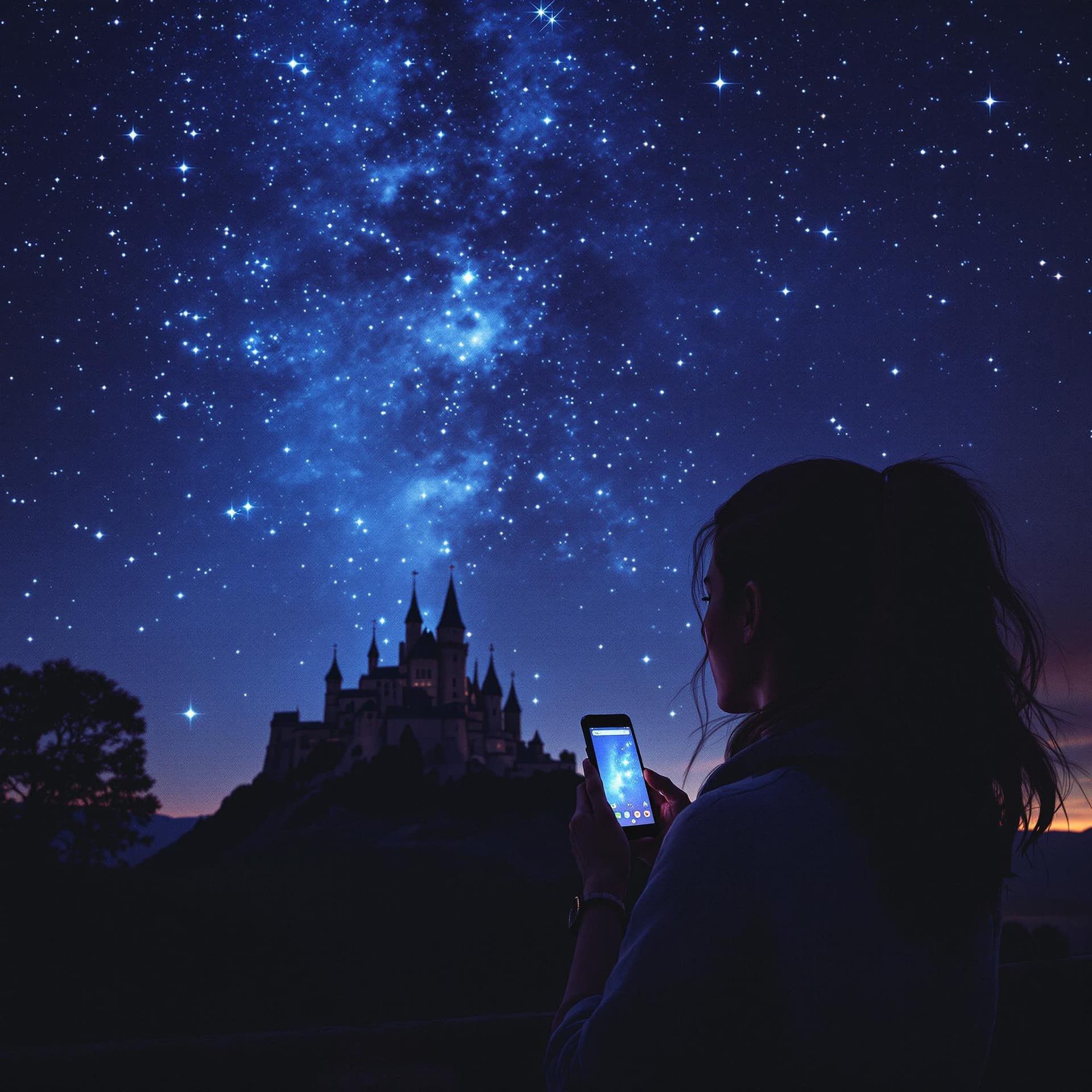 AI generated: Woman using her cell phone while looking at a starry sky with a castle in the background.