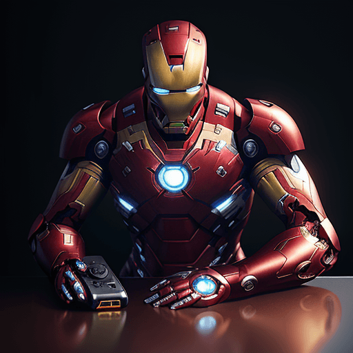 AI generated: Gamepad on the table with the design and character of iron man The gamepad is gold and silver dark, ...
