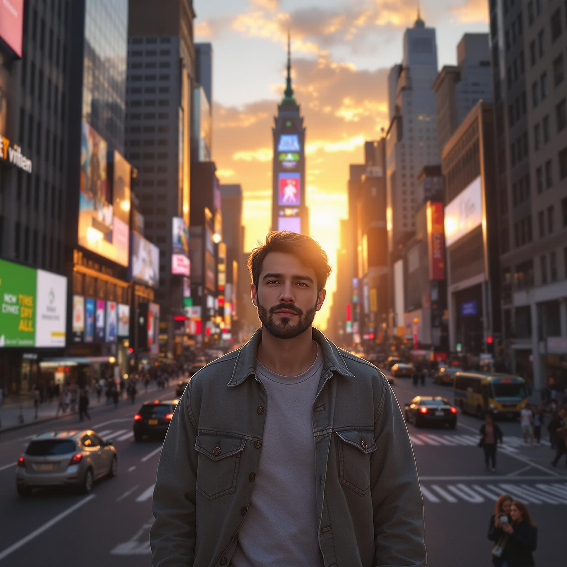 AI generated: hyper realism, high detail, octane render, 8k , some guy with casual dress standing on the new york ...