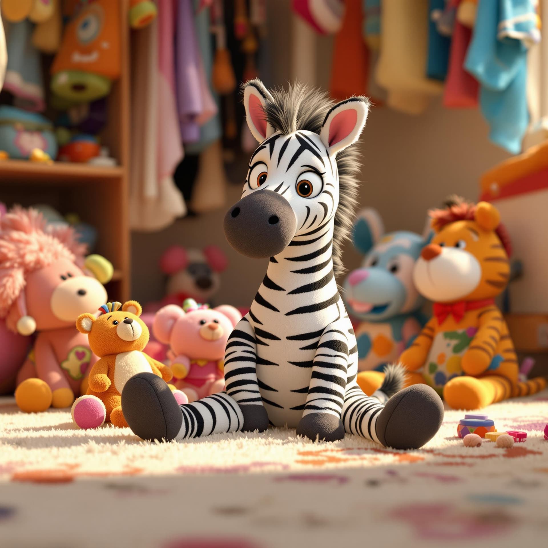 AI generated: (Pixar studio style)+++, (Zeebie the zebra)+, stuffed animal, playing with other stuffed animal frie...