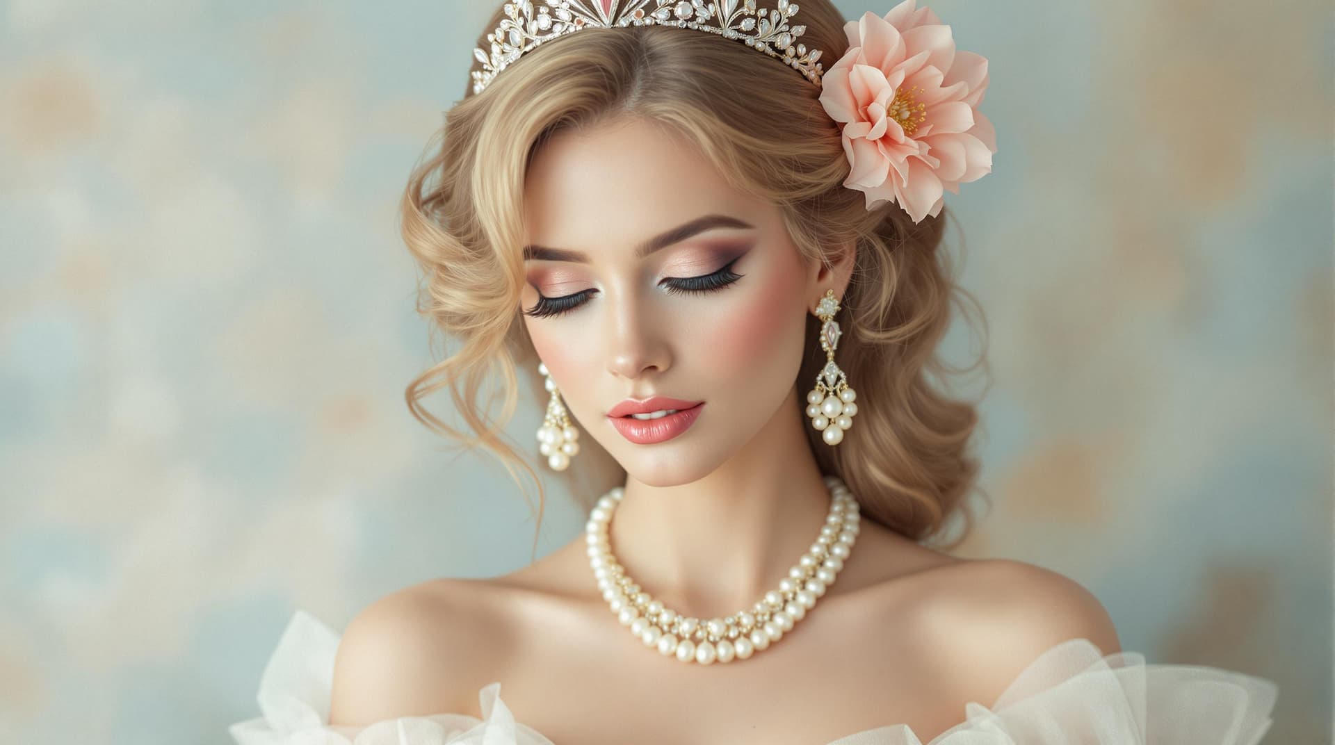 AI generated: A radiant woman exudes elegance with her soft, romantic features highlighted by delicate makeup, emp...