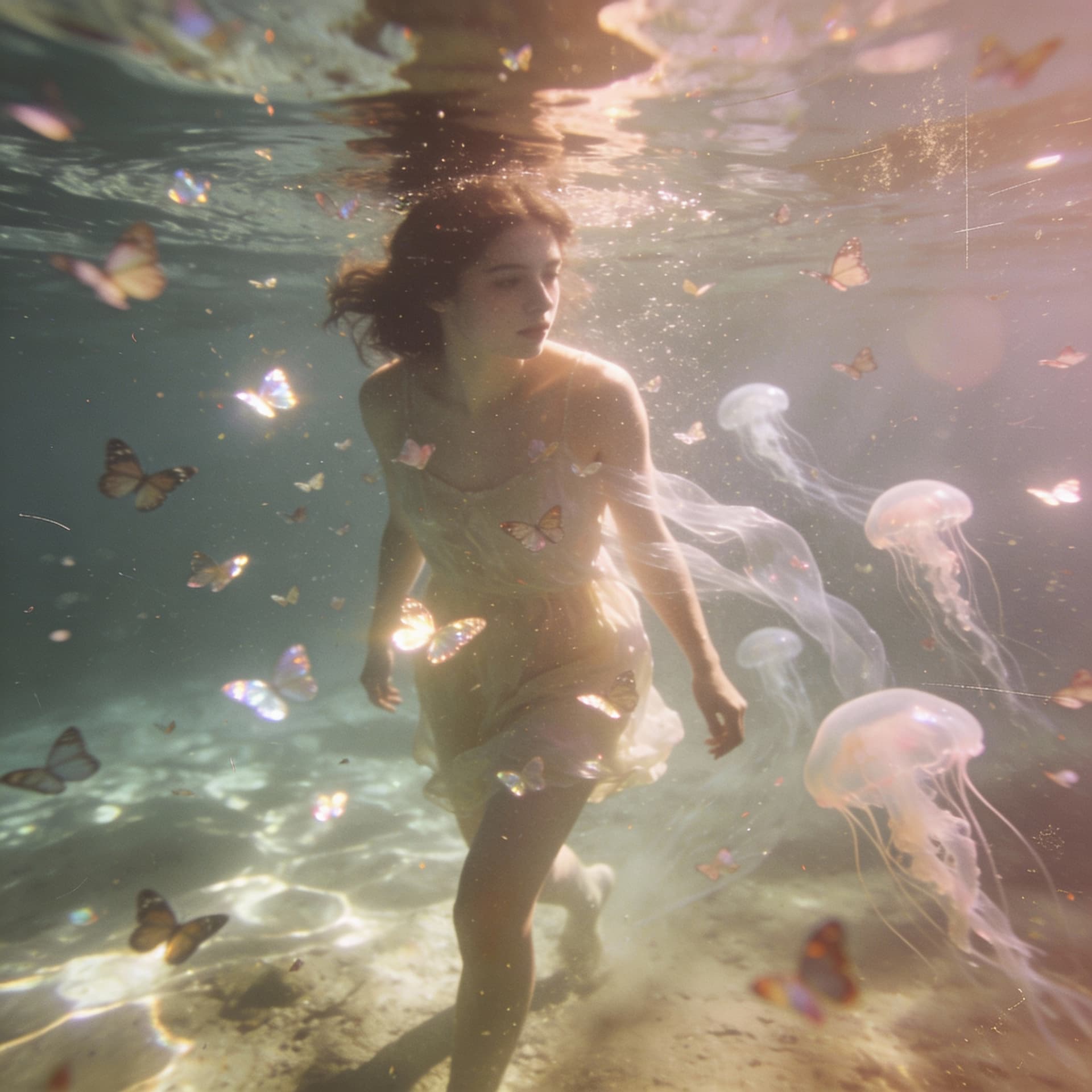 AI generated: a tender, film-style intimate portrait of an model captured mid-walk underwater , dozens of small re...