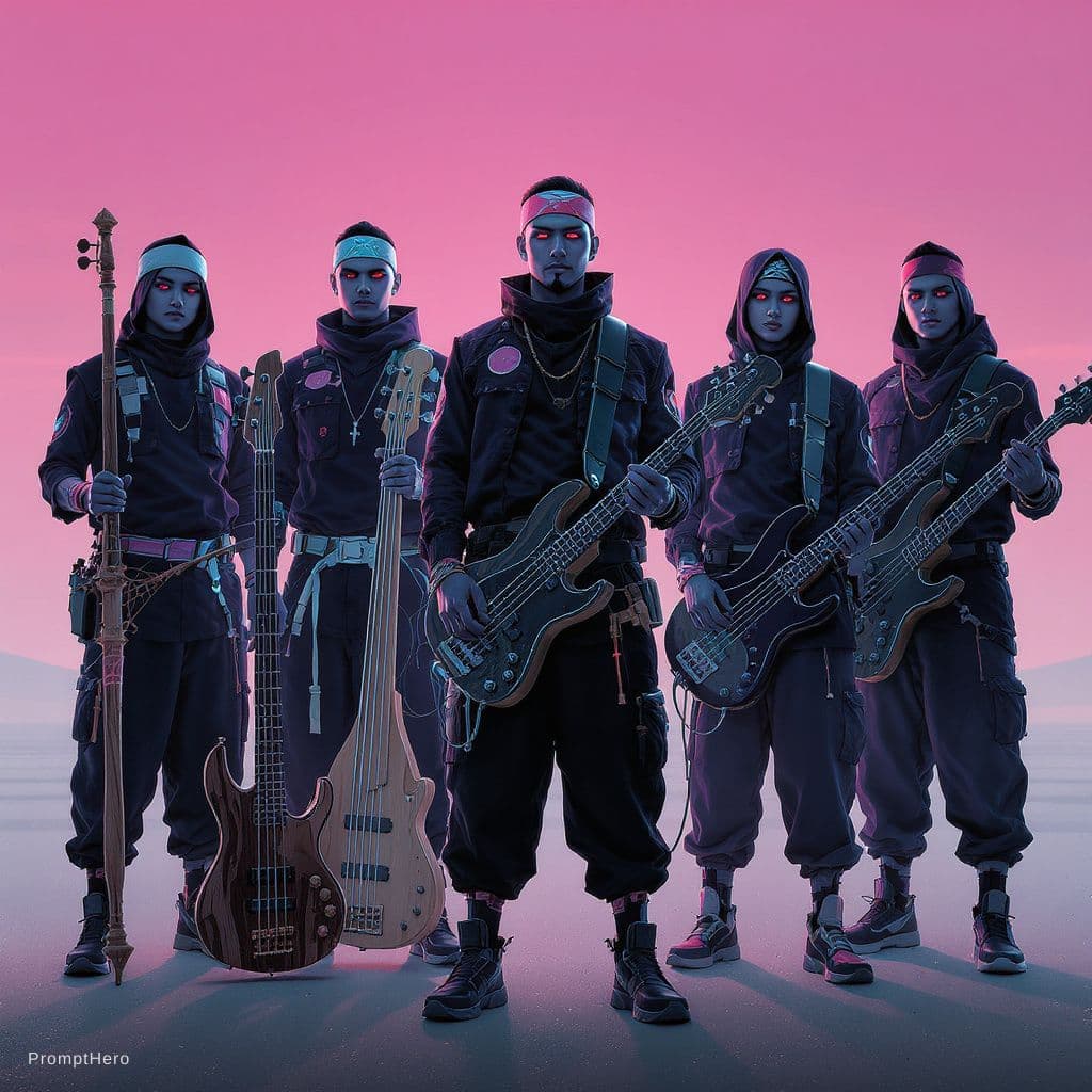 AI generated: five cyberpunk Sundanese musicians standing in a row, full body, wearing modern traditional Sunda ou...