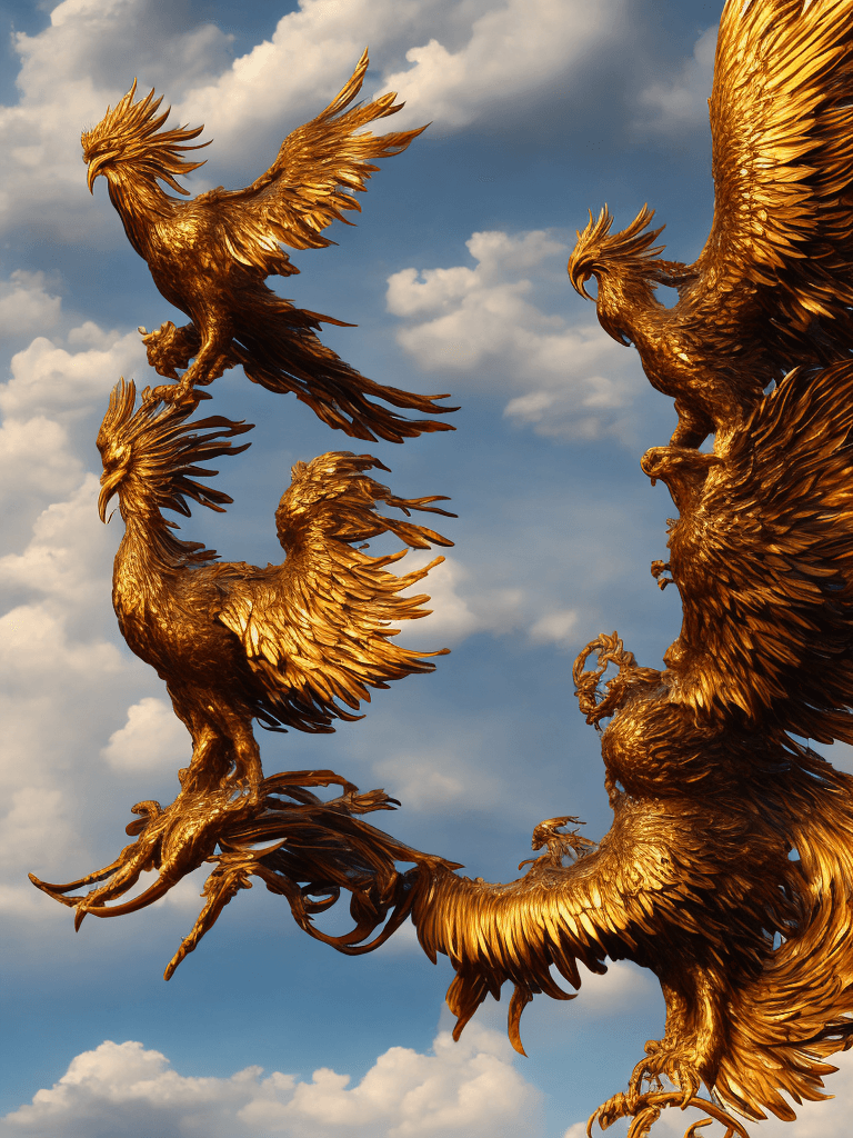 AI generated: A majestic phoenix with vibrant plumage, its fiery wings spread wide, golden feathers illuminating a...