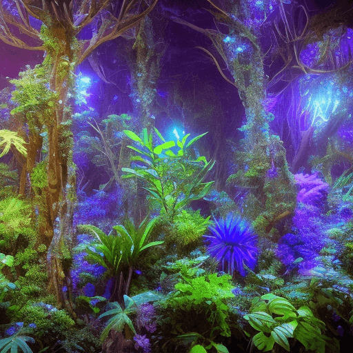 AI generated: bioluminescent plants emit a soft, ethereal glow, primarily in shades of blue and green,
illuminatin...