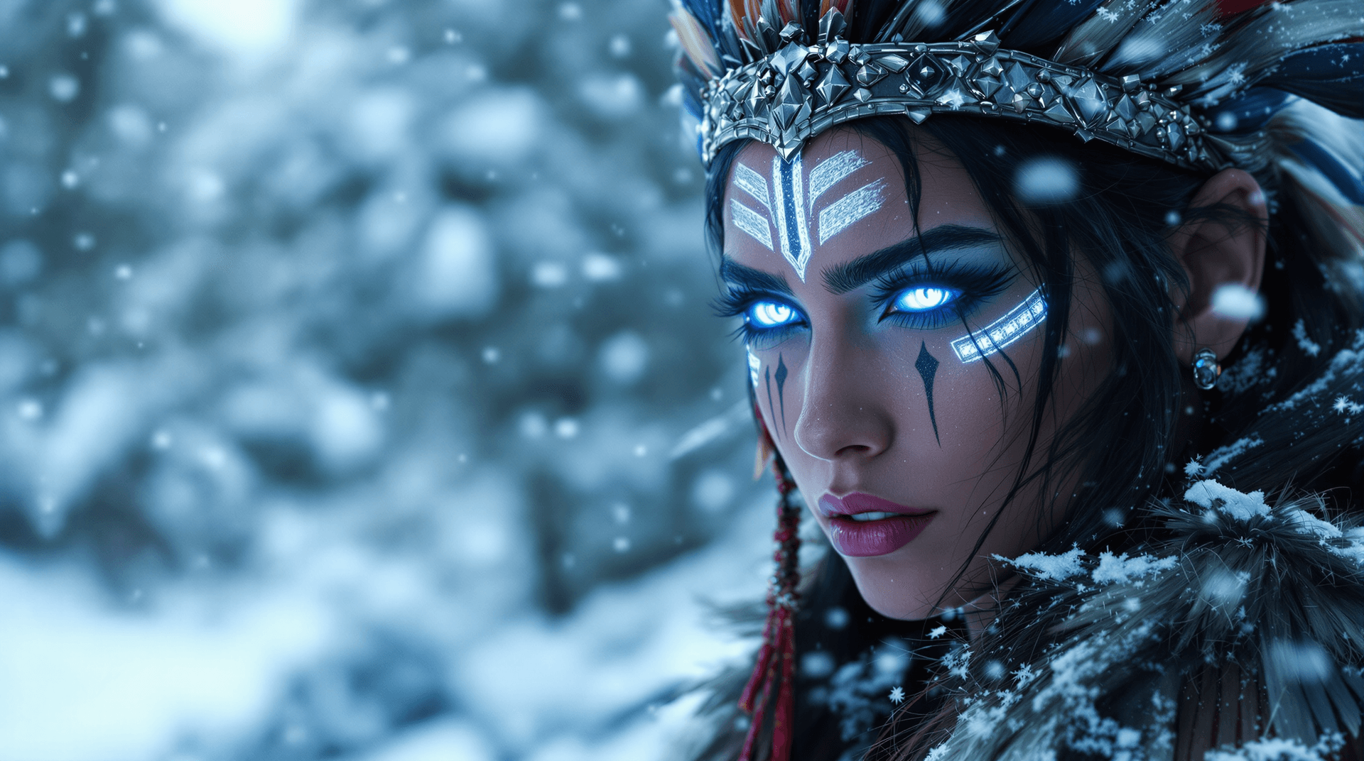 AI generated: A female warrior with dark hair and facial tattoos, wearing a headdress of feathers, full-body portr...