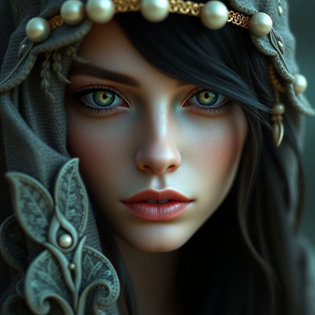AI generated: a woman with green eyes, in the style of realism with fantasy elements, daz3d, fine art realism, mag...
