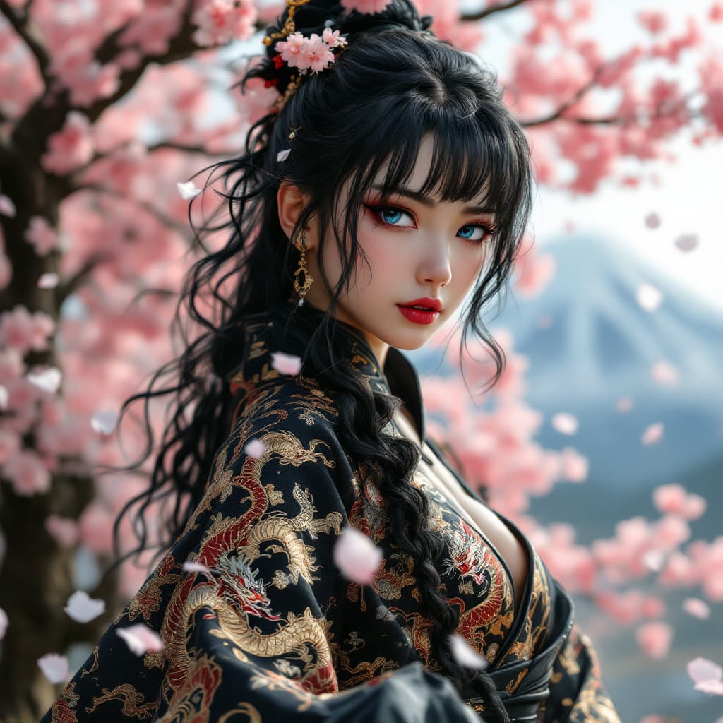 AI generated: a extremely realistic and  beautiful and physically fit Japanese kunoichi, with  curly jet black hai...