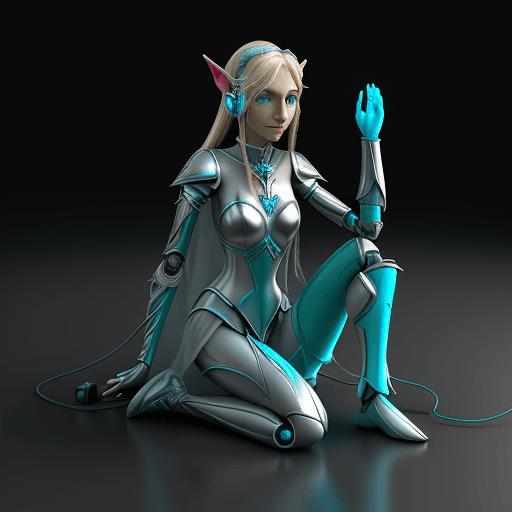 AI generated: Elf Galadriel dressed in a robot outfit in the dark and having a earphone, in the style of daz3d, an...
