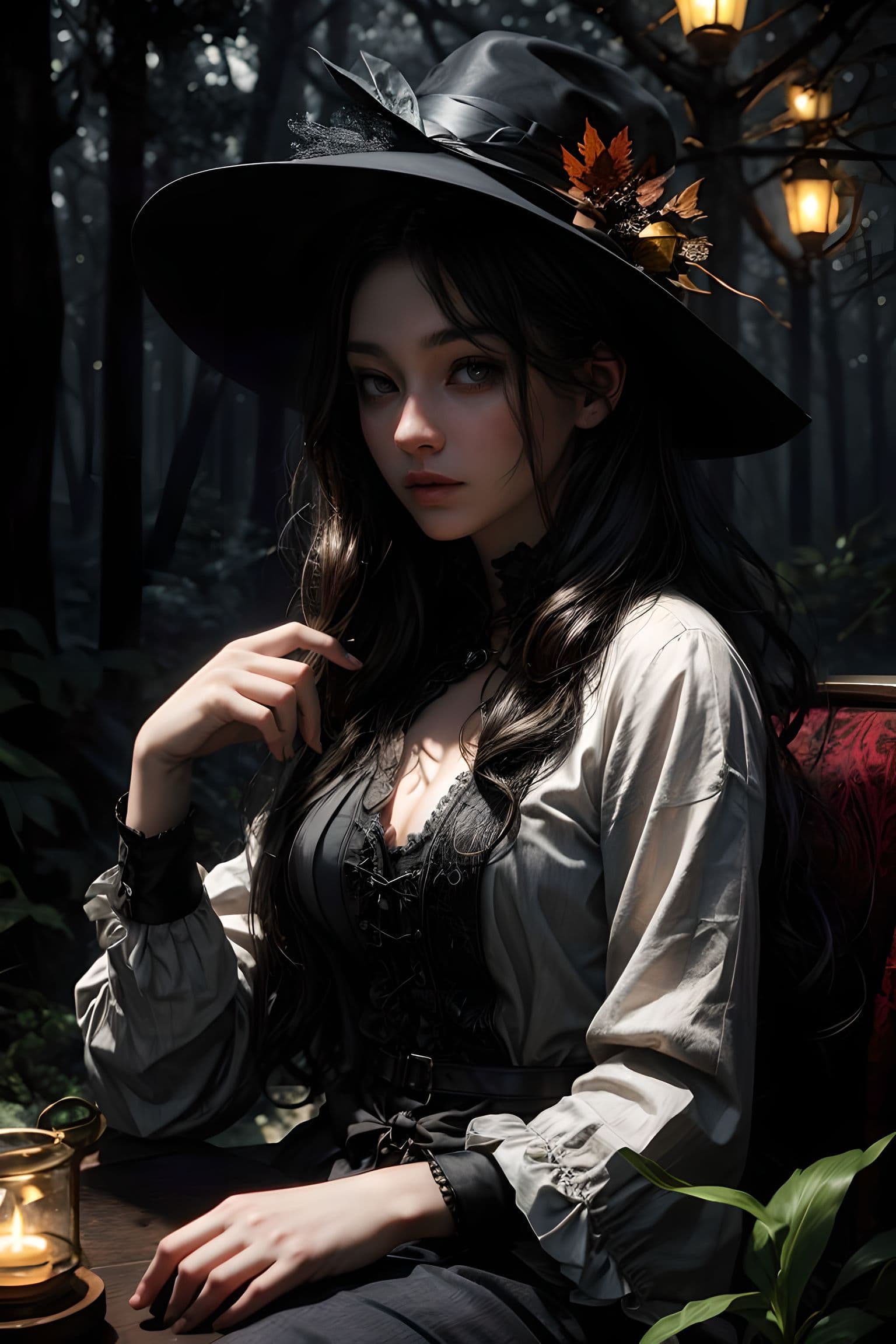 AI generated: ((Foggy dark midnight,street magic lanterns,firefly,Shadowy Forest,Autumn atmosphere)),A woman is si...