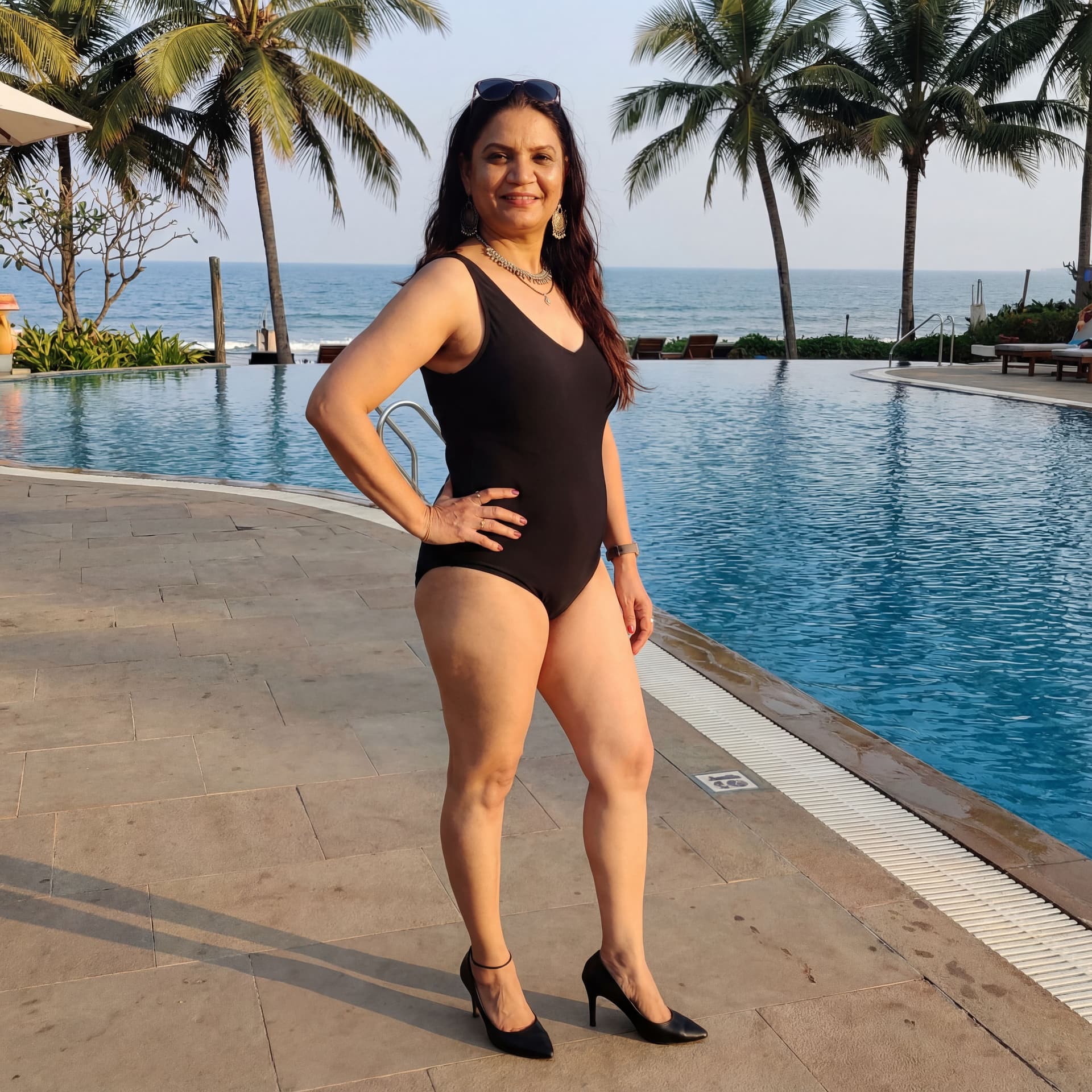AI generated: create a very sexy image with her, in a swimsuit and stiletto heels