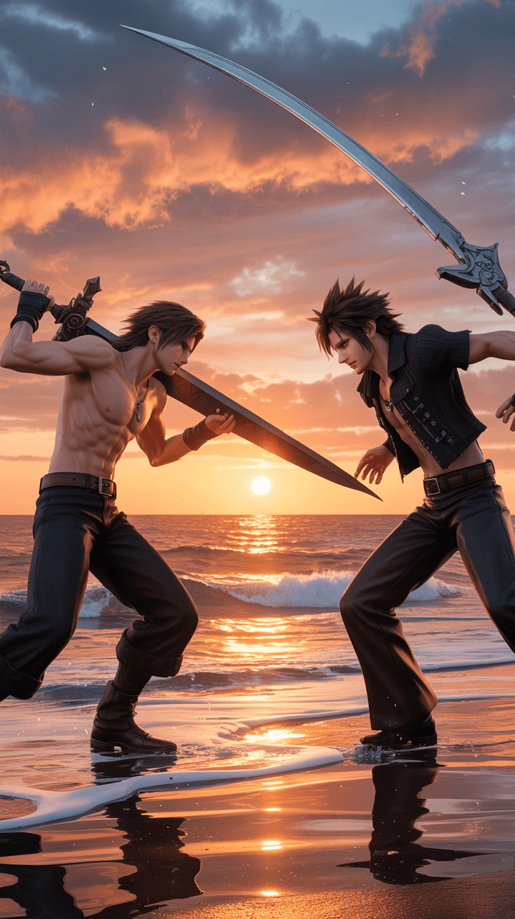 AI generated: Escena hiperrealista de Seifer Almasy y Squall Leonhart peleando con espadas en una playa al atardec...