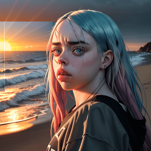AI generated: Photo of  hyper realistic  Billie Eilish , dramatic light, sunset on a clear beach in California, ci...