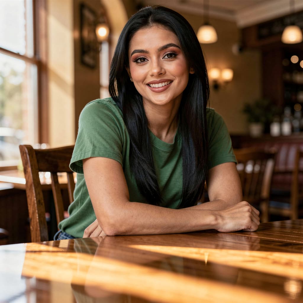 AI generated: A woman with long, stunning black hair is casually leaning against a table in a cozy restaurant, her...
