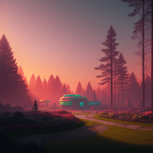 AI generated: Sunrise over a mystical garden by Simon Stålenhag, with the red sun peeking through the trees, lit i...
