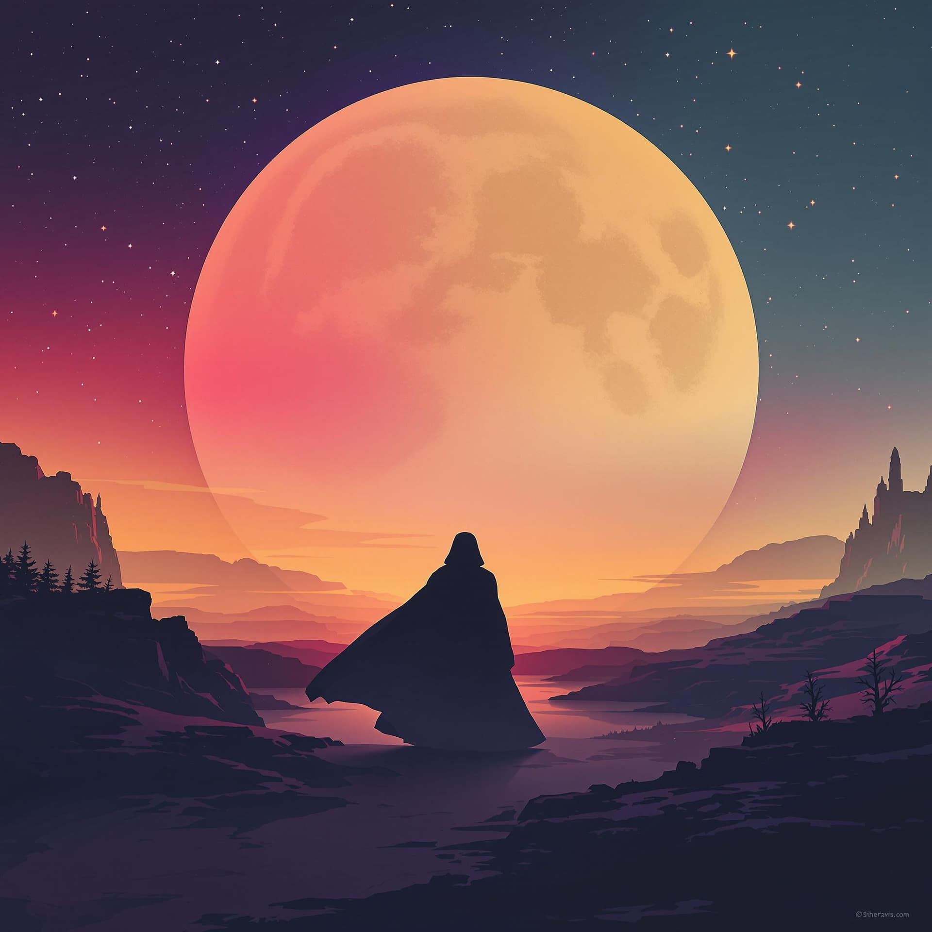 AI generated: minimalistic movie poster of star wars using soft and powerfull colours 