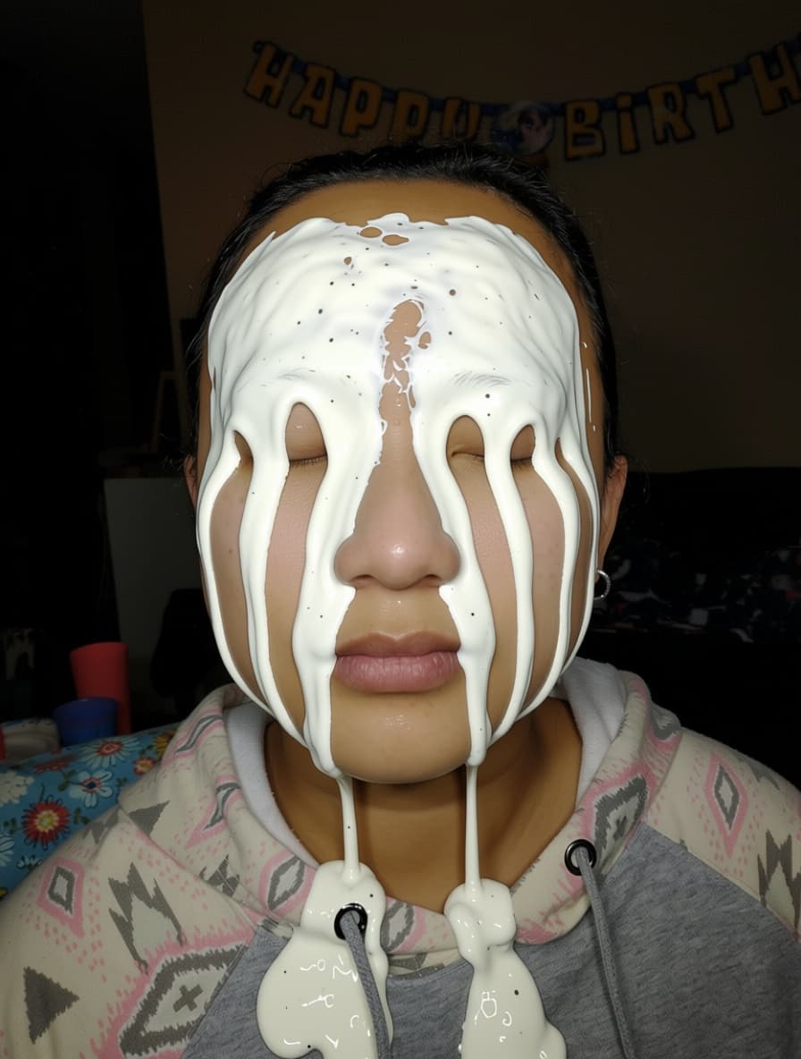 AI generated: Add 2 or 3 streaks of thick raw egg white across the face, forming random, thick rivulets that cling...