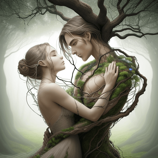 AI generated: A captivating surreal artwork featuring a mesmerizing fusion of human and nature. A male and female ...