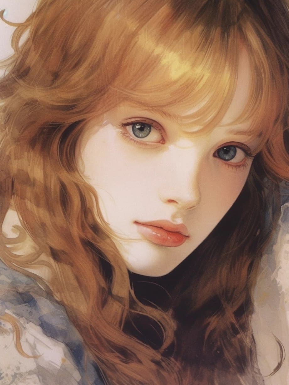 AI generated: a close up of a person with long hair, a picture, shin hanga, magazine ad, light brown hair blue eye...