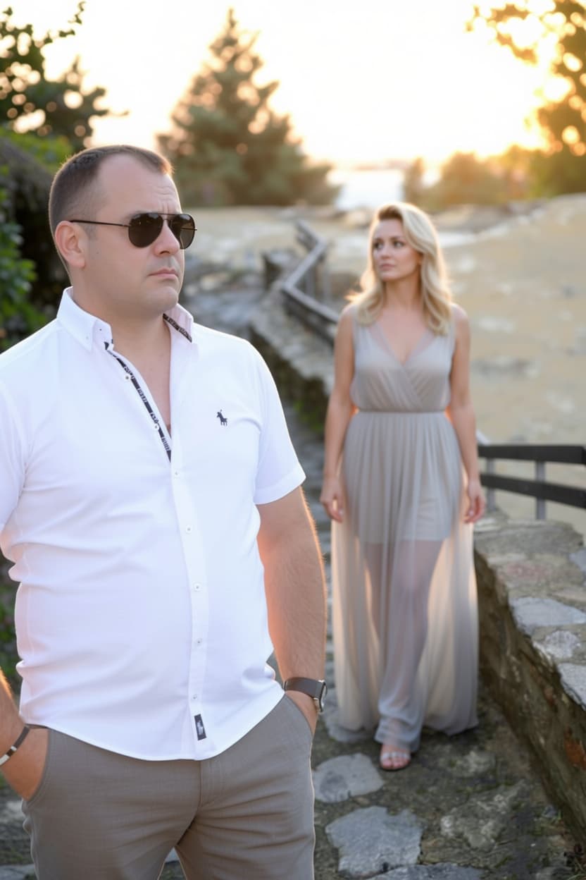 AI generated: a man in his 40s, disappointed in love, looks into the distance where a beautiful blonde woman dress...