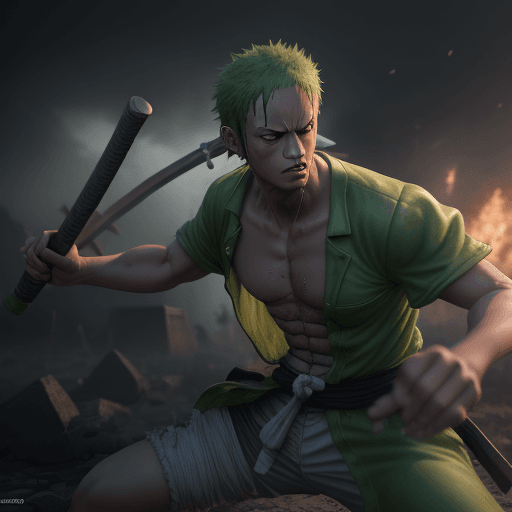 AI generated: Hyper realistic one piece character design, zoro, mist, photorealistic, octane render, unreal engine...