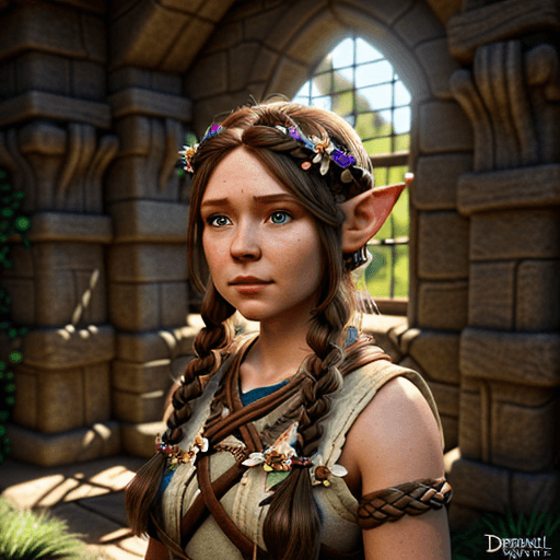 AI generated: Hyper realistic female gnome, brown hair braided, floral circlet headdress, daylight, indirect light...