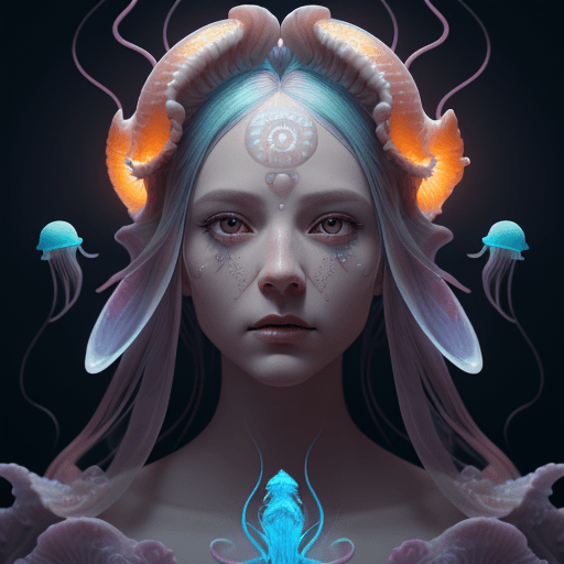 AI generated: Goddess close-up portrait ribcagel. jellyfish phoenix head, nautilus, orchid, skull, betta fish, bio...