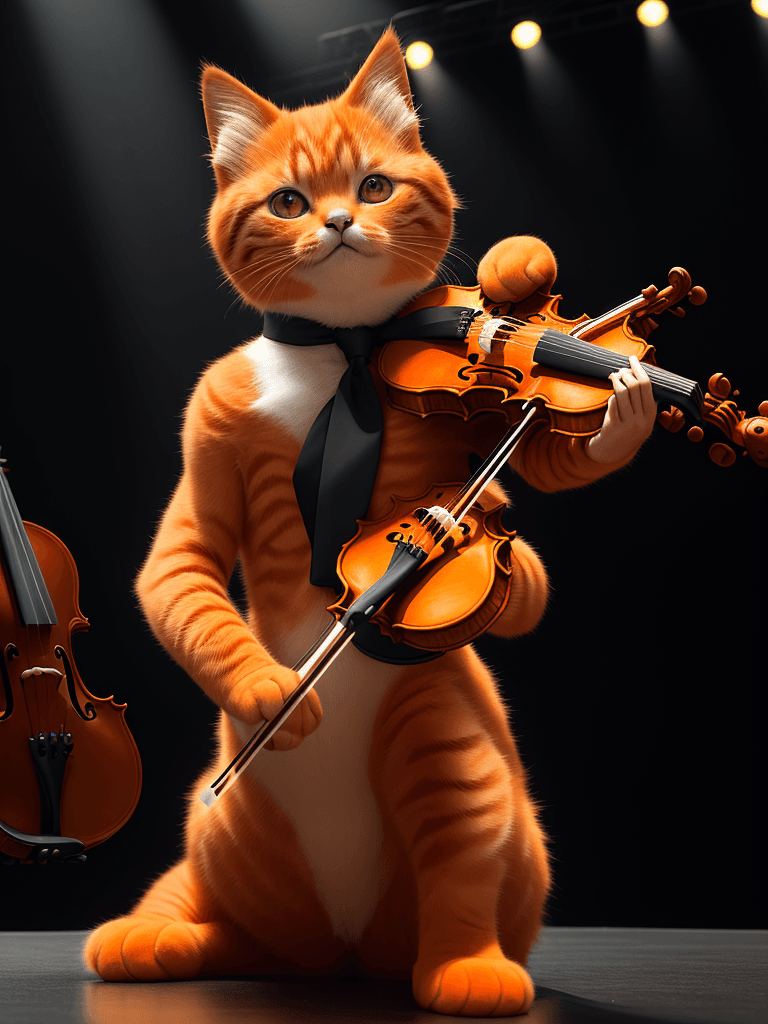 AI generated: photograph, An adorable orange cat cub, dorky, very smooth fluff, cool standing on a stage, one paw ...