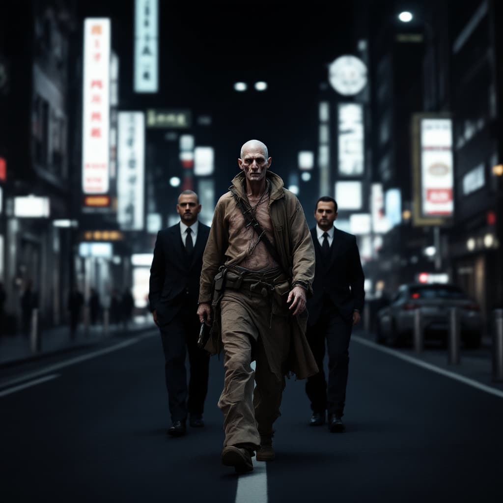 AI generated: A thin man dressed in ragged clothes walks along a wide street, accompanied by two guards in busines...
