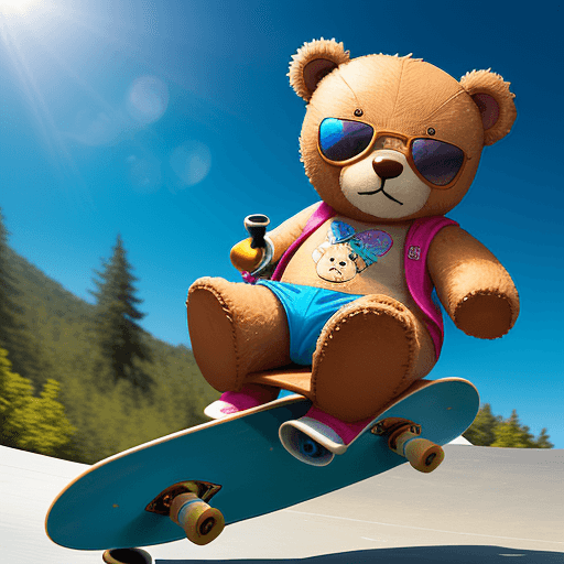 AI generated:  a photo of an adorable laughing teddy bear balancing on a skateboard. It's wearing stylish sunglass...
