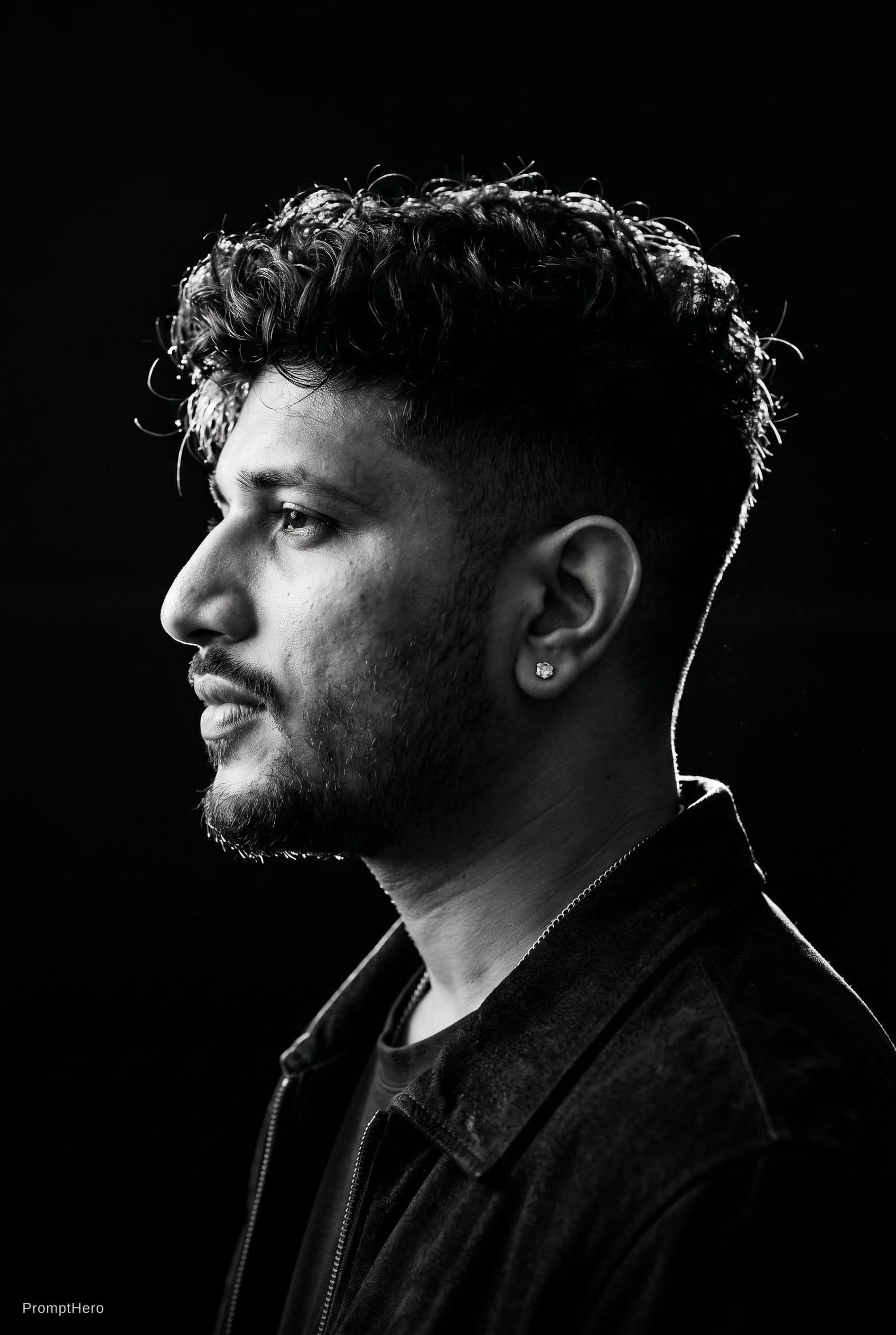 AI generated: A dramatic black and white profile portrait of a man, intense rim lighting, deep shadows, cinematic ...