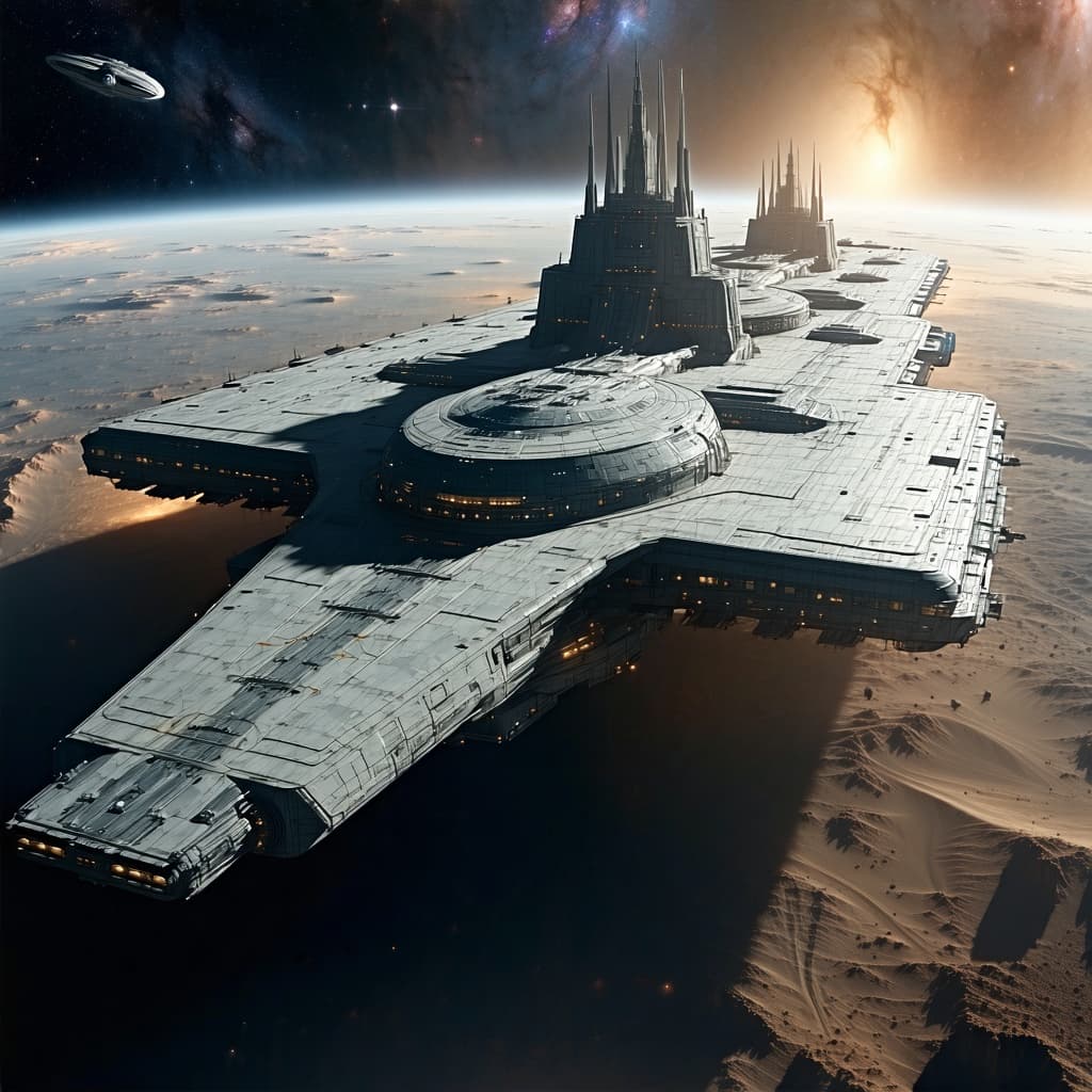 AI generated: A massive Luna space station city covering a large surface area on the planet Mars. Capable of docki...