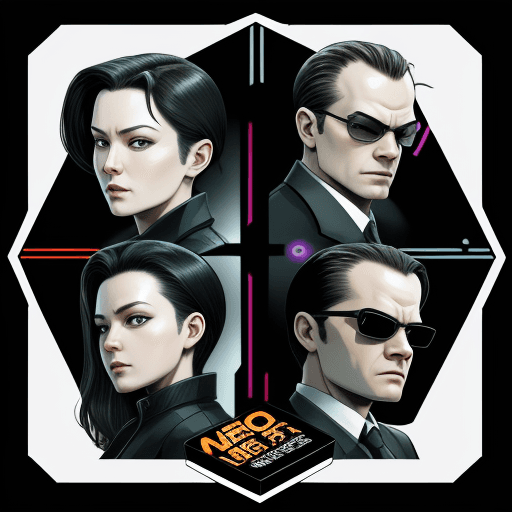 AI generated: Boardgame box art with Neo, a Machine agent, and agent smith's face
