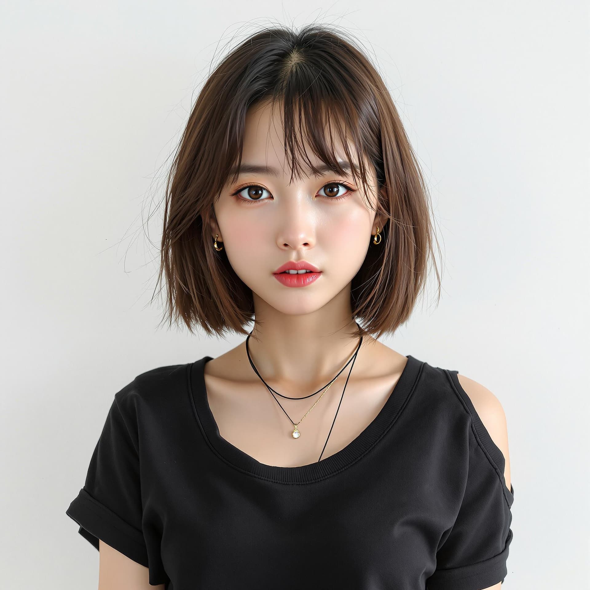 AI generated: beautiful amateur image of an 18 year old Japanese girl, with a mischievous look, serious face, earr...